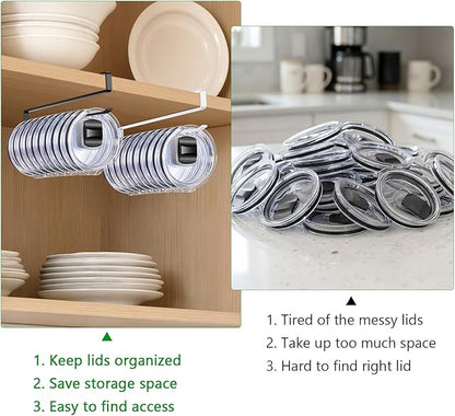 4 Pack Tumbler Lid Organizer, Cup Lid Holder Holds 12 Lids Each Under Cabinet, Space Saving Hook for Kitchen Storage and Coffee Cups, No Drilling, Carbon Steel, White
