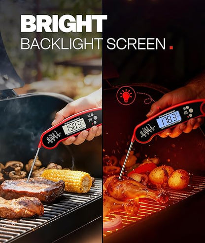 Meat Thermometer Digital – Instant Read Food Thermometer for Grilling, BBQ, Air Fryer, Smoker, Candy Making with Foldable Probe, Kitchen Gadgets, BBQ Essentials, Gift for Mom, Dad, Men, Women, Red