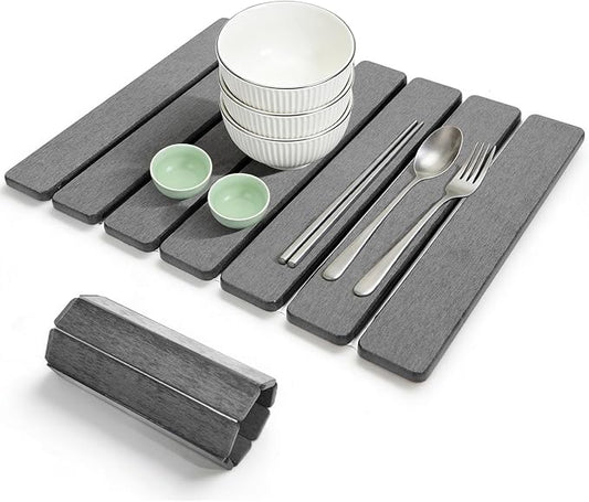 Stone Drying Mat, HQAUT Quick Dry Dish Drying Mat for Counter, Foldable Diatomaceous Earth Mat with Sanding Tool and Anti-Slip Pad, Fast Drying Stone Pad for Dishes and Glassware