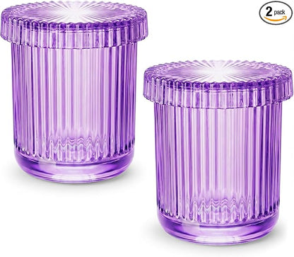 2 Pack Qtip Holder - Apothecary Jars with Lids, Bathroom Organizers and Storage Canister for Cotton Balls,Swabs,Floss Picks,Hair Ties,Clear Glass Vintage Bathroom Decor Jar Set (purple)