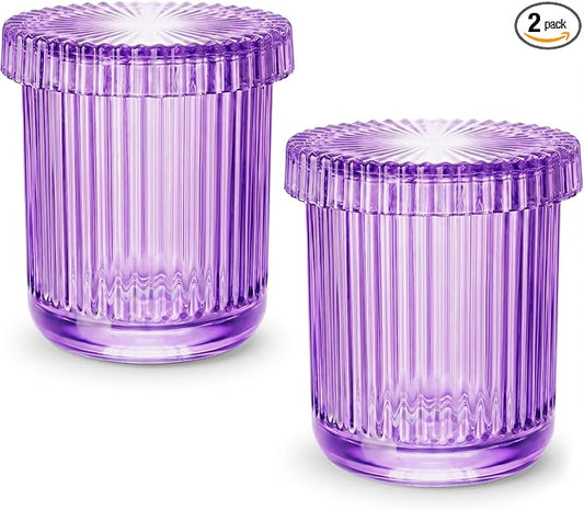 2 Pack Qtip Holder - Apothecary Jars with Lids, Bathroom Organizers and Storage Canister for Cotton Balls,Swabs,Floss Picks,Hair Ties,Clear Glass Vintage Bathroom Decor Jar Set (purple)