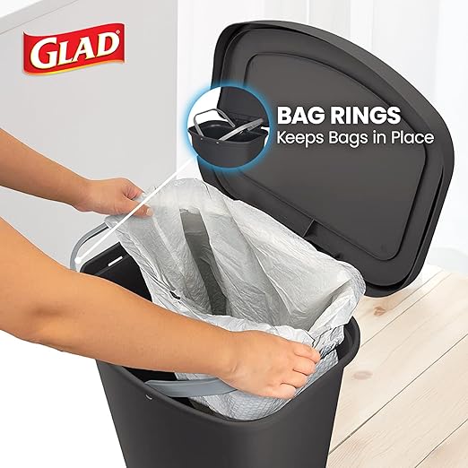 Glad 13 Gallon Trash Can 2 Pack | Plastic Kitchen Waste Bins with Odor Protection of Lid | Hands Free with Step On Foot Pedal and Garbage Bag Rings, 13 Gallon, Charcoal