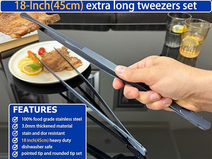 JETKONG 2 Pcs 18 Inch (45cm) Stainless Steel Grill Tongs Heavy Duty Giant Tweezer Tongs, Extra Large Tweezers Tools for Cooking, Grilling, BBQ and Turning Food (Navy Blue) - Image 3