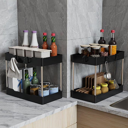 3 Pack Under Sink Organizers and Storage, 2 Tier Bathroom Cabinet Organizer Shelf with Hanging Cups for Kitchen & Bathroom (Black) - Image 4