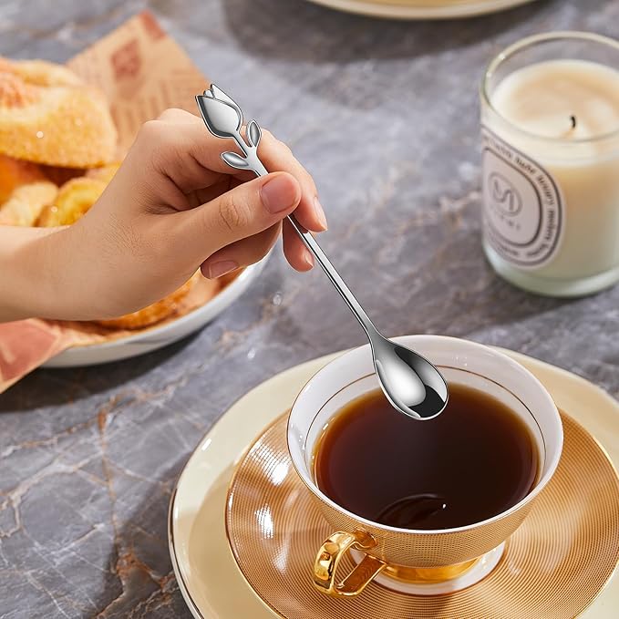 Silver Tulip/Rose Handle 12-Pcs Mini Coffee Spoons Set - 6" Stainless Steel for Espresso, Tea, Dessert - Ideal for Demitasse & Small Servings - Image 5