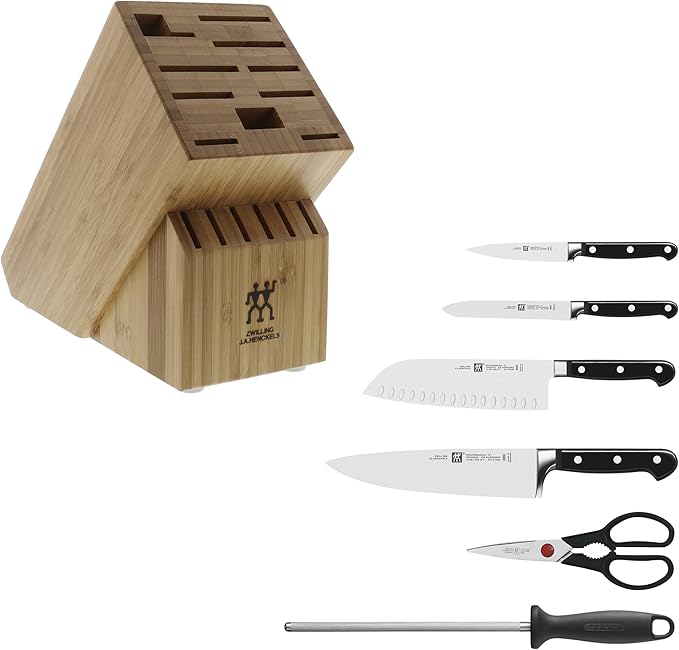 ZWILLING Professional S Knife Set with Block, Chef’s Knife, Serrated Utility Knife, 7 Piece, Bamboo