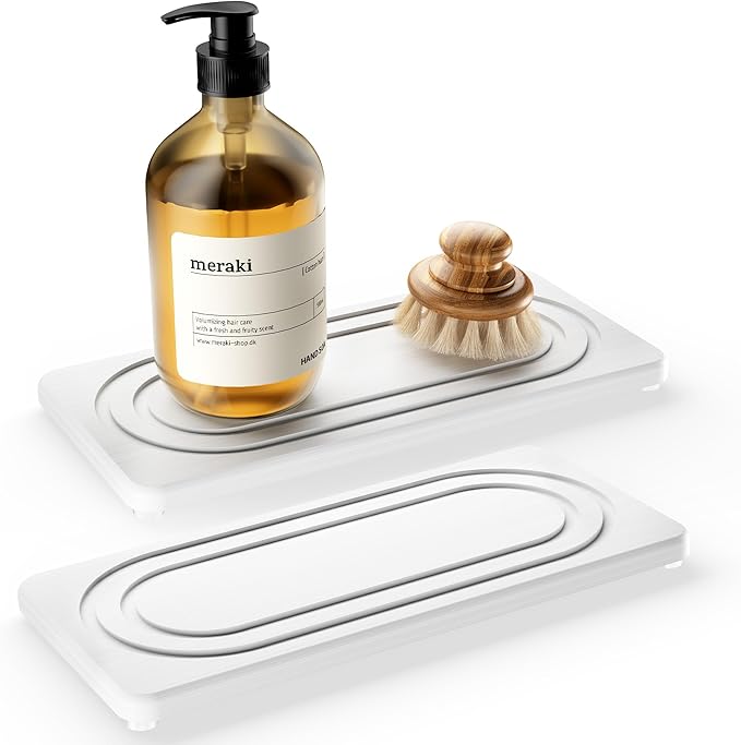Water Absorbing Stone Tray, Quick Drying Diatomite Bathroom Tray Countertop, Stone Drying Mat for Kitchen Counter, Soap Dish Dispenser Vanity Organizer, White-B-8.3" x 4" by MAGKOTA
