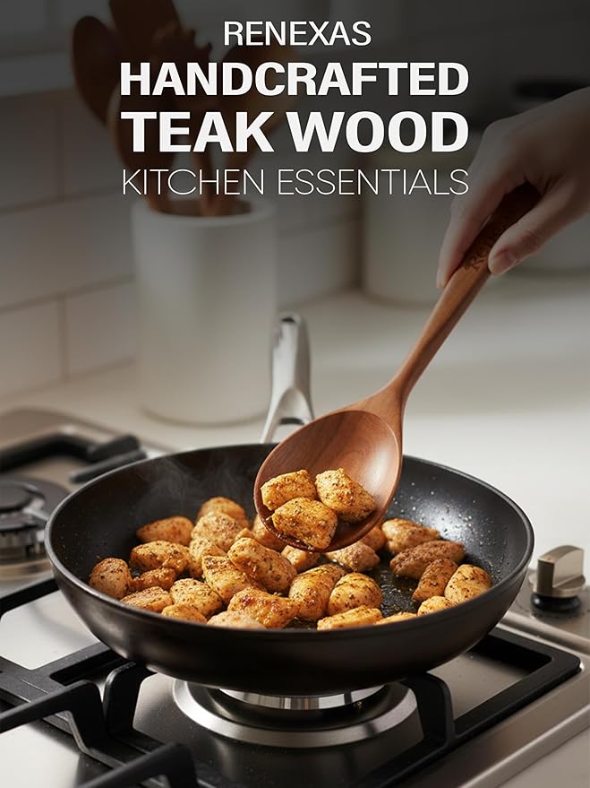 9-Piece Teak Wooden Kitchen Utensil Set – Nonstick Safe Cooking Spoons & Spatulas, Heat Resistant, Durable Natural Wood, Comfortable Grip Handles