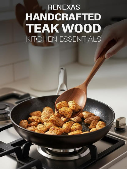 9-Piece Teak Wooden Kitchen Utensil Set – Nonstick Safe Cooking Spoons & Spatulas, Heat Resistant, Durable Natural Wood, Comfortable Grip Handles