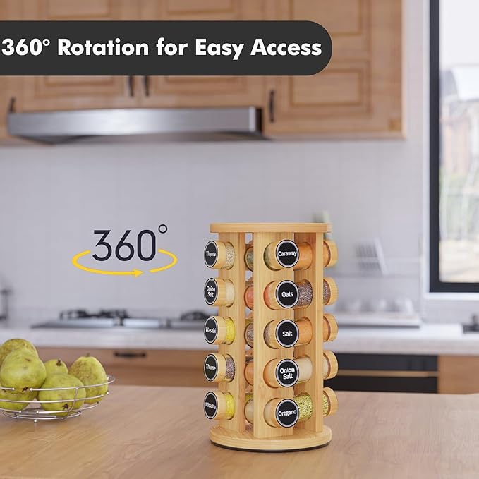 New England Stories Revolving Spice Rack Set with 20 Spice Jars, Kitchen Spice Tower Organizer for Countertop or Cabinet - Carousel Storage Includes 386 Spice Labels (Bamboo) - Image 3