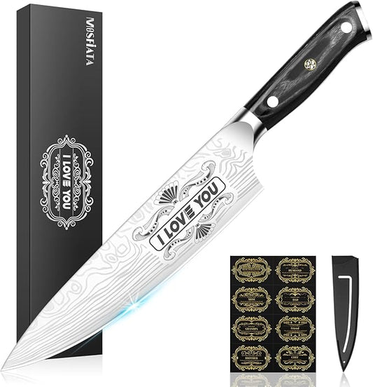 MOSFiATA Gifts for Men Women Christmas, 8" Sharp Kitchen Knife Set with Sheath Professional German EN1.4116 Stainless Steel, Chef Gifts for Best Dad Mom Birthday, Anniversary Xmas Gift Box-I Love You by MOSFiATA