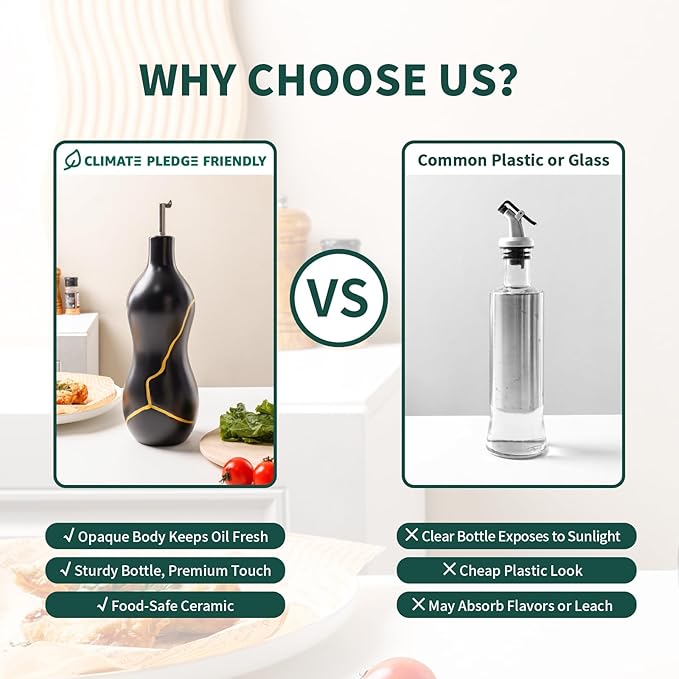 BosilunLife Ceramic Olive Oil Dispenser Bottle, 14 Oz Oil Cruet with Elegant Gold Accent & Curved Ergonomic Design, Non‑Drip Vinegar Bottle for Kitchen & Dining, Black