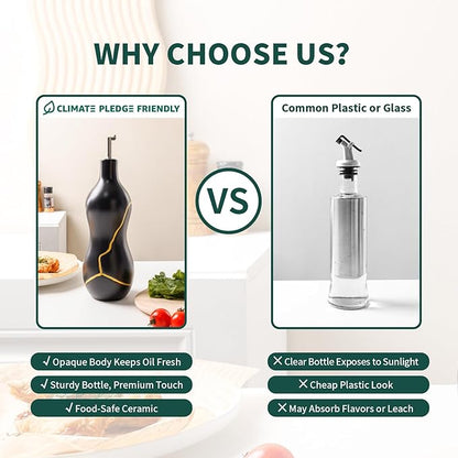 BosilunLife Ceramic Olive Oil Dispenser Bottle, 14 Oz Oil Cruet with Elegant Gold Accent & Curved Ergonomic Design, Non‑Drip Vinegar Bottle for Kitchen & Dining, Black