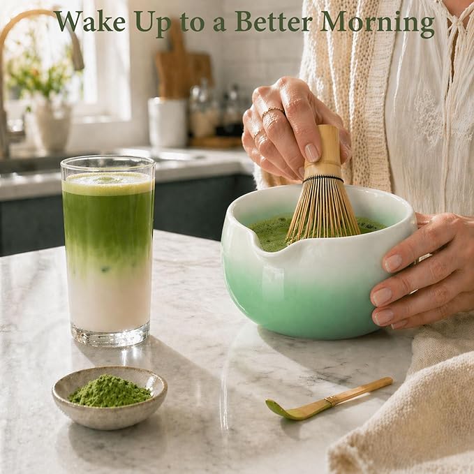 Matcha Whisk Set, Ceramic Matcha Set Includes Bowl & Holder, Bamboo Whisk (Chasen), Scoop, Spoon and Sifter, 6PCS Matcha Kit Covers Everything Needed for Making Matcha (Green)