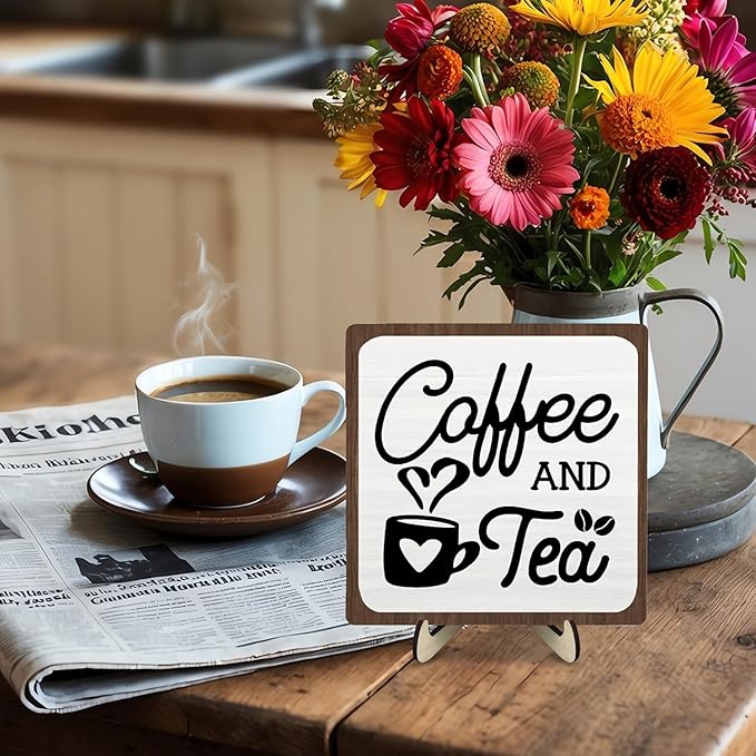 Coffee Bar Sign Plaque, Coffee Signs for Coffee Station, Vintage Coffee Sign Decor for Kitchen, Coffee Bar Accessories, Coffee Themed Gifts, Farmhouse Cafe Sign,Coffee & Tea Bar Decor Signs (White&Brown, 5.9x5.9inches) - Image 7