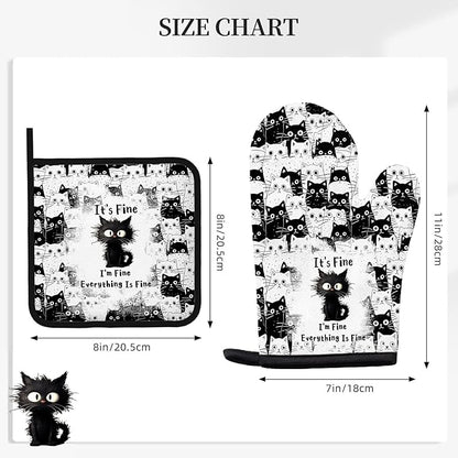 Black Cat Oven Mitts and Pot Holders Sets 3PCS, Cat Silicone Heat Resistant Oven Mitts Birthday Gifts for Cats Lover, Cute Cats Pot Holder Non-Slip Silicone Oven Gloves for Mom Wife Sister BFF