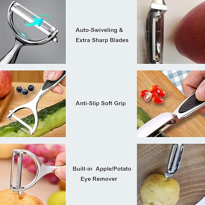 Vegetable Peeler, Potato Peelers for Kitchen Stainless Steel Multi-function Set Fruit Peeler For Kitchen and Household Tools Y & I Shape Swivel Blades with ​2 Orange Citrus Peelers - Image 5