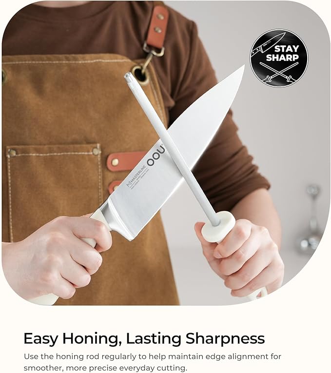 OOU 2026 Master Line 15-Piece German High Carbon Steel Knife Set - Professional Sharp Chef Knife with FSC Wooden Block - Ergonomic Handle Kitchen Knife Set with Steak Knives & Sharpener-Walnut