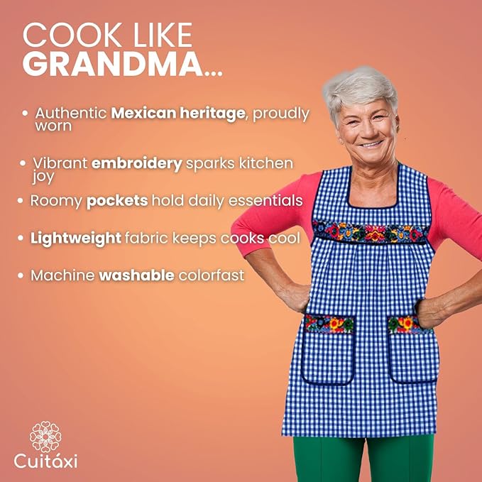 Cuitáxi Traditional Mexican apron for women with deep pockets and beautiful flower embroidery 1 piece - Mandiles para mujer