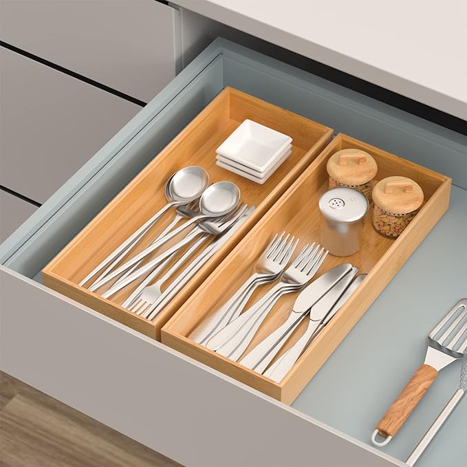 VeyFey Bamboo Drawer Organizer, Stackable Utensil Organizer for Kitchen, Bamboo Storage Box Wood Silverware Tray for Drawer 15" x 6" x 2" Set of 2 - Image 2