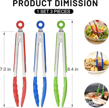 Hotec Mini Silicone Kitchen Tongs for Cooking - 7-Inch Small Serving Tongs with Silicone Tips, Set of 3 (Red,Blue,Green) - Image 2