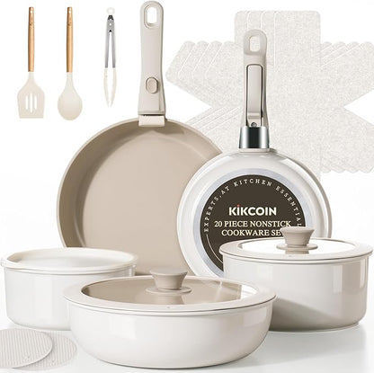 KIKCOIN Nonstick Pots and Pans Set, 20 Pack Cookware Set with Detachable Handle, Induction RV Kitchen Cooking Set with Removable Handle, Frying Pans - Dishwasher/Oven Safe, PFOA Free by Kikcoin