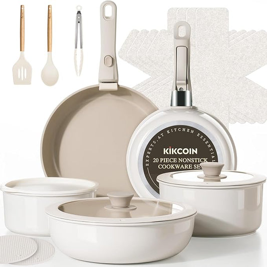 KIKCOIN Nonstick Pots and Pans Set, 20 Pack Cookware Set with Detachable Handle, Induction RV Kitchen Cooking Set with Removable Handle, Frying Pans - Dishwasher/Oven Safe, PFOA Free by Kikcoin