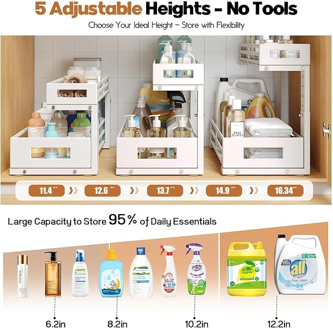 1-Pack Under Sink Organizers and Storage,2-Tier L Shape Pull Out Cabinet Organizer With Round Tube Slide Rails,Hight Adjustable Slide Out Drawers for Kitchen&Bathroom,Multi-Purpose Storage Shelf-White - Image 4