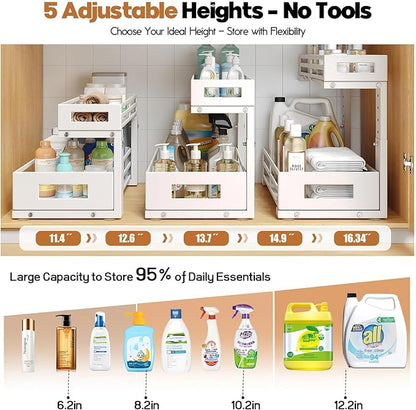1-Pack Under Sink Organizers and Storage,2-Tier L Shape Pull Out Cabinet Organizer With Round Tube Slide Rails,Hight Adjustable Slide Out Drawers for Kitchen&Bathroom,Multi-Purpose Storage Shelf-White - Image 4