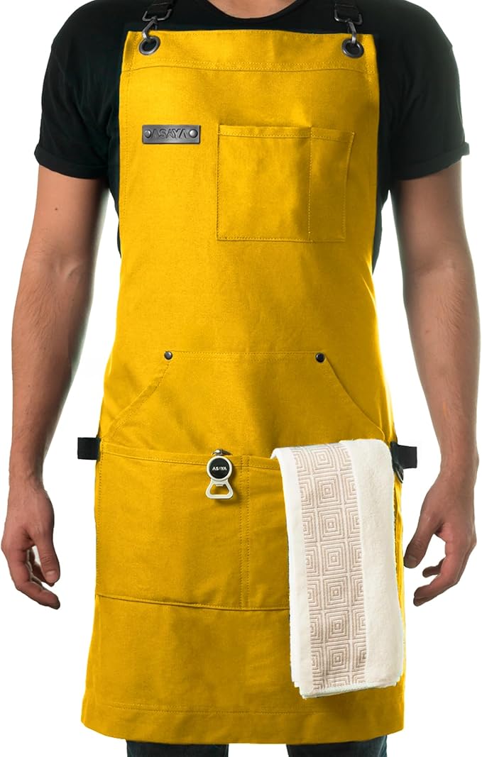 Asaya Chef and BBQ Apron with Bottle Opener and Hand Towel - 10oz Cotton Canvas, Stainless Steel Hardware - Cross Back Straps by AsayaChefProducts