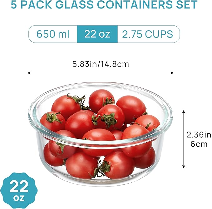 Vtopmart 5Pack 22oz Glass Storage Containers with Lids, Glass Meal Prep Food Container Sets with Snap Airtight Lids for Microwave, Oven, Freezer and Dishwasher, Green, Round - Image 2