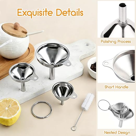 Small Funnels for Filling Bottles, 3 Pcs Stainless Steel Kitchen Funnel Set, Food Grade Mini Metal Funnel for Transferring Oil Liquid, Easy Cleaning with a Brush (Short Handle) - Image 3
