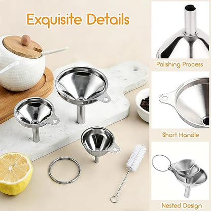 Small Funnels for Filling Bottles, 3 Pcs Stainless Steel Kitchen Funnel Set, Food Grade Mini Metal Funnel for Transferring Oil Liquid, Easy Cleaning with a Brush (Short Handle) - Image 3