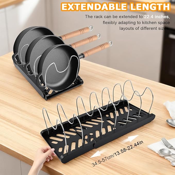 Expandable Pot and Pan Organizer Rack for Kitchen Cabinet or Under Sink,with 10 Adjustable Compartment 13"-23" Adjustable Length for Lids Bakeware Frying Rack and Cookware(COLOR:Black)