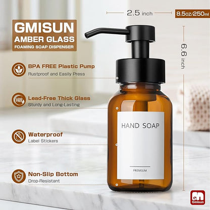 GMISUN Amber Foam Soap Dispenser, 8.5 Fl oz Amber Glass Foaming Hand Soap Dispenser for Bathroom & Kitchen, 2 Pcs Modern Refillable Foaming Soap Dispensers, Foam Pump Bottle with Label & Silicone Boot