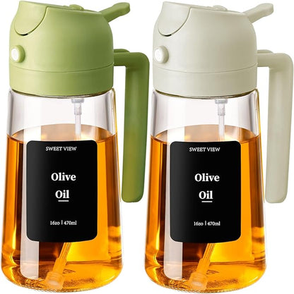 SWEET VIEW 2PCS Oil Sprayer for Cooking, 16oz/470ml Glass Oil Dispenser/Pour Bottle, Kitchen Accessories, Kitchen Gadgets for Air Fryer, Salad, BBQ, with Stickers (Green,White) by SWEETVIEW