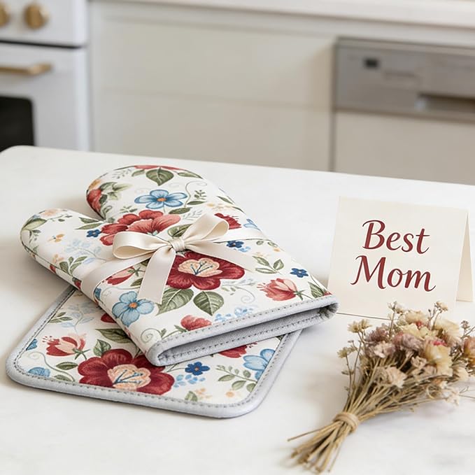 Floral Oven Mitts and Pot Holders Sets 2 Pcs, Canvas Heat Resistant Kitchen Mittens with Hot Pads, Vintage Farmhouse Country Decor, Non-Slip Cooking Baking Grilling Gifts for Women Mom (Flower3)