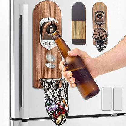 Beer Bottle Opener Wall Mounted with Magnetic Cap Catcher,Wooden Magnetic Bottle Opener for Fridge,Vintage Beer Gifts for Men, Man Cave Decor,Gifts for Men and Beer Lovers(Style 3)