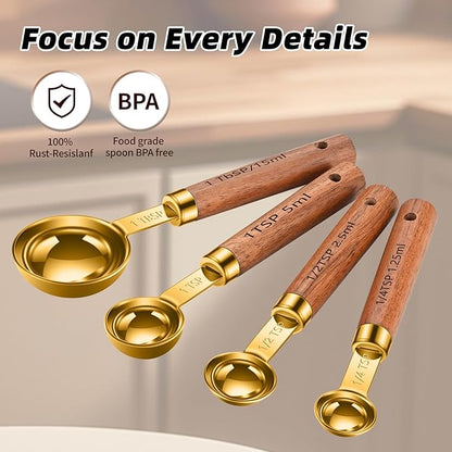 Stainless Steel Measuring Cups and Spoons Set of 8, Stackable Wooden Handle Metal Measuring Cup & Spoon Set with Metric & US Measurements, Rustic Farmhouse Kitchen Gadgets for Dry & Liquid Ingredients