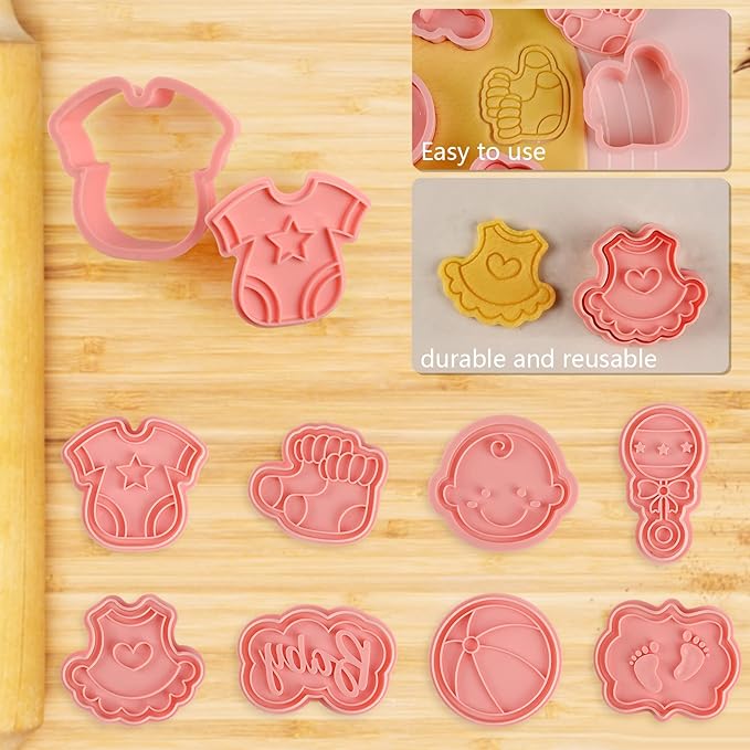 Baby Shower Cookie Cutters Set, 8 Pcs Cookie Cutter with Plunger Stamps, Cute Cookie Cutters for Baby Shower Biscuit Cheese Baking