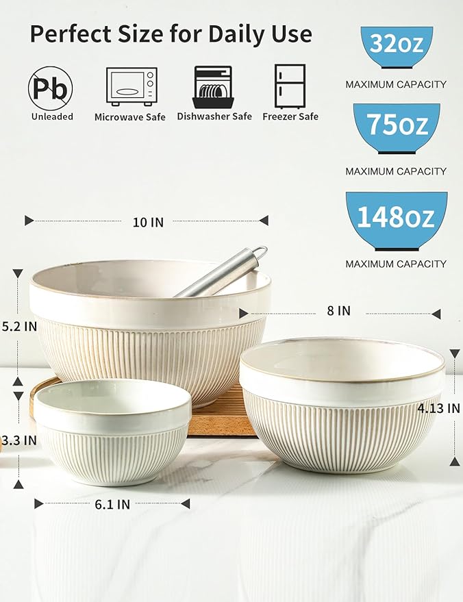 Large Ceramic Mixing Bowls, Glazed White Kitchen Bowl (10"/8"/6"), Set of 3 Nesting Bowls for Baking, Cooking, Serving, Prepping, Dough Kneading, Microwave and Dishwasher Safe - Image 2