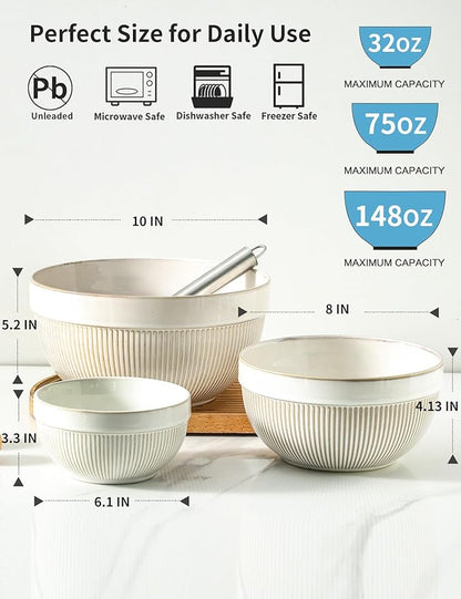 Large Ceramic Mixing Bowls, Glazed White Kitchen Bowl (10"/8"/6"), Set of 3 Nesting Bowls for Baking, Cooking, Serving, Prepping, Dough Kneading, Microwave and Dishwasher Safe - Image 2