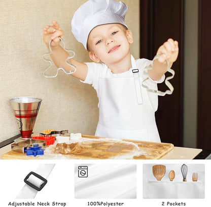 Kids Apron and Chef Hat Set, 16 Pieces Boys Girls Kids Apron with 2 Pockets Adjustable for Cooking Classroom Baking Painting, 6-13 Years, White