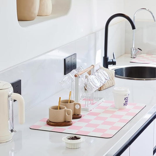Ohocut Checkered Dish Drying Mat for Kitchen Counter, Coffee Bar Station Accessories, Retro Cute Aesthetic Girly Women Modern Absorbent Drainer Mat Kitchen Drying Mat Easy Clean, Pink 12" x 19" by Ohocut