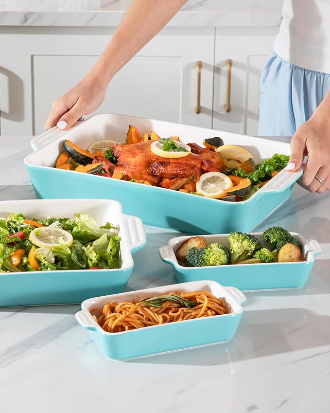 Sweejar Ceramic Bakeware Set of 4, Casserole Dishes for Oven, Rectangular Baking Dish with Handles, Lasagna Pans Deep for Cooking, Gratin, Roasting, Banquet and Daily Use (Turquoise) - Image 6