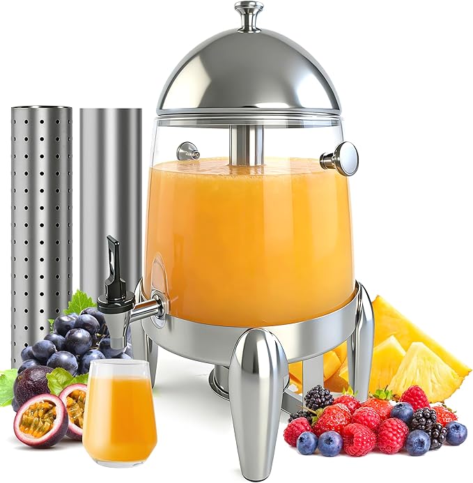Beverage Dispenser with Stand, 3 Gallon Drink Dispenser for Parties,Events,Buffet &Self-Serve,Dual Ice Tube Core Fruit Infuser,Leakproof Spigot,Clear PC Container, Stainless Steel Lid&Base by Unknown