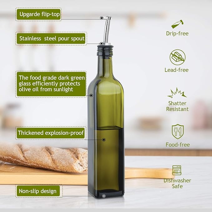 AOZITA [2 PACK 17 oz Glass Olive Oil Dispenser Bottle Set - 500ml Dark Green Oil & Vinegar Cruet Bottle with Pourers, Funnel and Labels - Olive Oil Carafe Decanter for Kitchen - Image 2