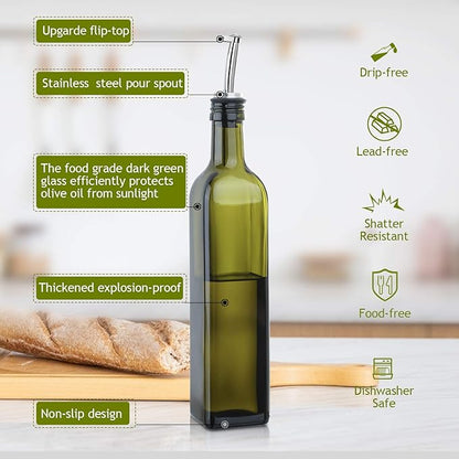 AOZITA [2 PACK 17 oz Glass Olive Oil Dispenser Bottle Set - 500ml Dark Green Oil & Vinegar Cruet Bottle with Pourers, Funnel and Labels - Olive Oil Carafe Decanter for Kitchen - Image 2