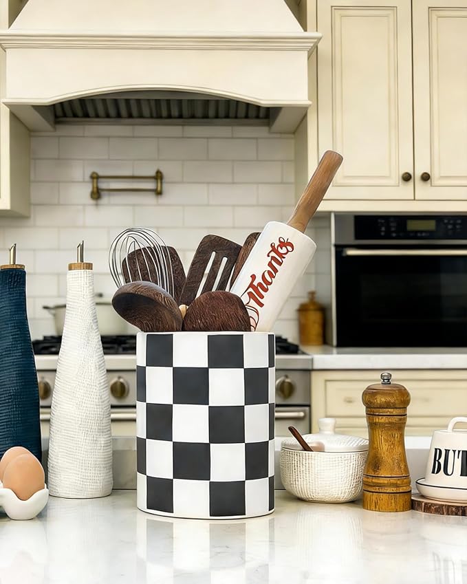 Checkered Kitchen Utensil Holder - 7.2" Ceramic Utensil Crock for Countertop, Kitchen Decor and Accessories for counte (Black) - Image 9