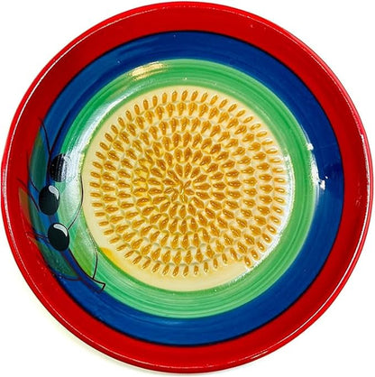 BonCera, All-in-one Premium Ceramic Garlic Grater Plate 4-Piece Set - Classic Multicolor Olive Design - For Garlic, Ginger, Chocolate, and more! - Comes with 5.25" Plate, Peeler, Brush, and Stand